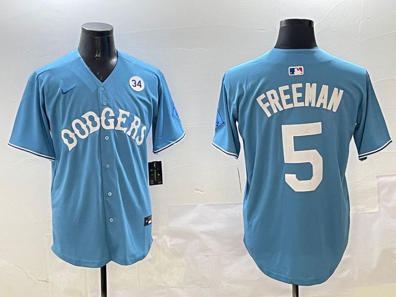 Men Los Angeles Dodgers 5 Freeman Light Blue Throwback Game 2025 Nike MLB Jersey style 18